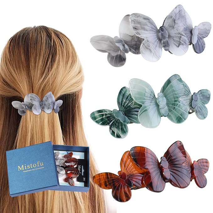 Hair Barrettes, 3pcs Large Hair Barrettes for Thick Hair, Elegant French Barrettes Retro Hair Accessories for Women Daily Wear, Light blue