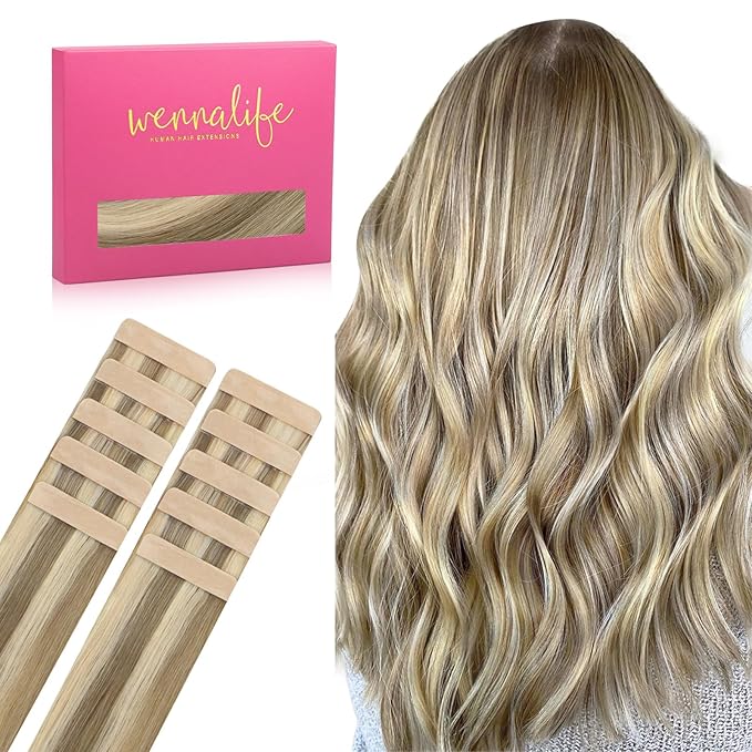 WENNALIFE Tape in Hair Extensions Human Hair Ash Brown with Platinum Blonde Highlights, 10pcs 30g 26 inch Remy Hair Invisible Tape Ins Straight Colored Soft Refill Set