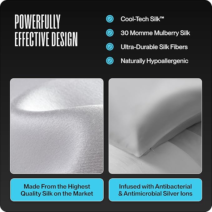 Dream Recovery Performance Silk Pillow Case with Zipper - 100% Silver Mulberry Silk Pillowcase for Hair and Skin - Naturally Cooling and Moisturizing - King Size - Slate