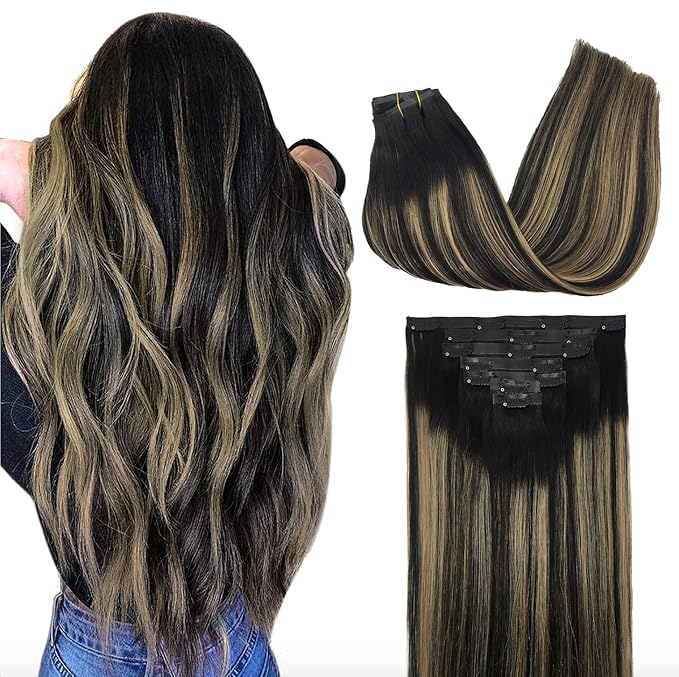 GOO GOO Clip in Hair Extensions Real Human Hair, Remy Human Hair Extensions Clip ins for Women, Natural Human Hair, 24inch 140g 7Pcs, #1B/6/1B Balayage Natural Black to Chestnut Brown