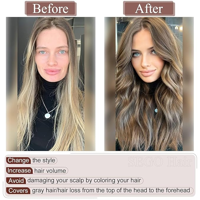 SEGO Real Human Hair Topper for Women No Bangs, Hair Topper with Anti-Slip Clips (16 Inches Golden Brown Mix Bleach Blonde)