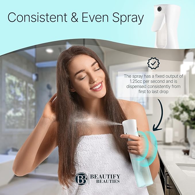 BeautifyBeauties Hair Spray Bottle – Ultra Fine Continuous Water Mister for Hairstyling, Cleaning, Plants, Misting & Skin Care (Black, 10.1 Ounces)