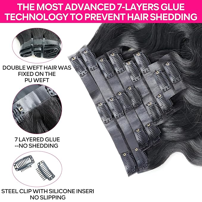 Seamless Clip in Hair Extensions Human Hair Body Wave Human Hair Clip in Extensions 8Pcs PU Clip ins Remy Hair for Women Invisible Skin Weft 18Clips 120g 22inch Natural Black