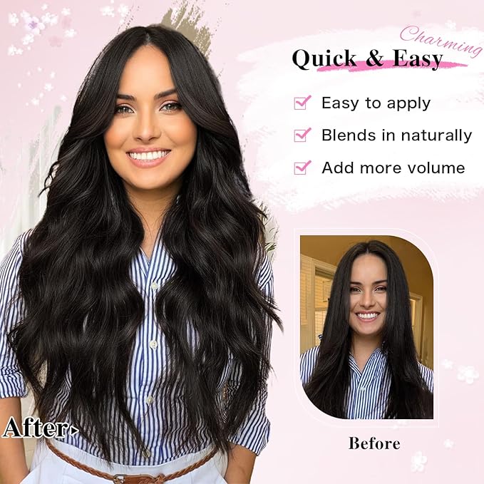 Hair Extensions Clip Ins, 8PCS 20 Inch Natural Black Clip in Hair Extensions, Synthetic Long Wavy Curly Hair Extension, Full Head Thick Hairpieces for Women