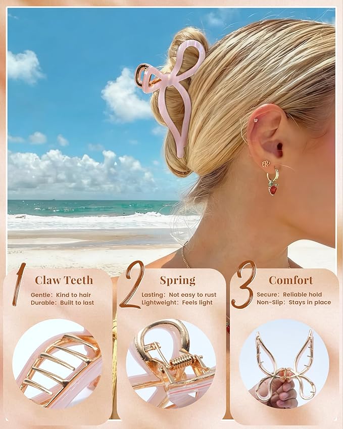 Mesovor 2 Pack Gold Metal Bow Hair Claw Clips, Nonslip 4.3" Large Hair Grip Hairclips for Thin and Thick | Acrylic Metal Strong Hold Claw Clip (Mermaid Stripes)