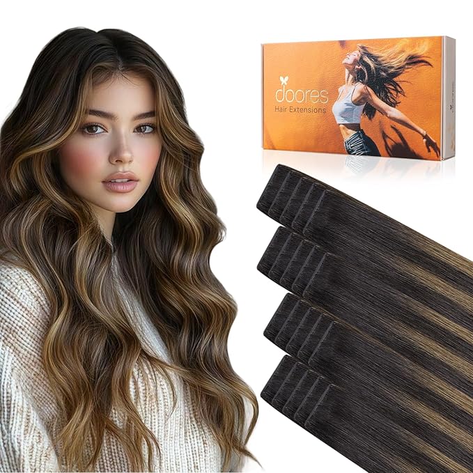 DOORES Invisible Hair Extensions Real Human Hair Tape in Invisi Edge, Dark Brown to Chestnut Brown 10 Injection Tape-ins with 10 Injection Tape-ins 50g 14 Inch, Tape in Extensions