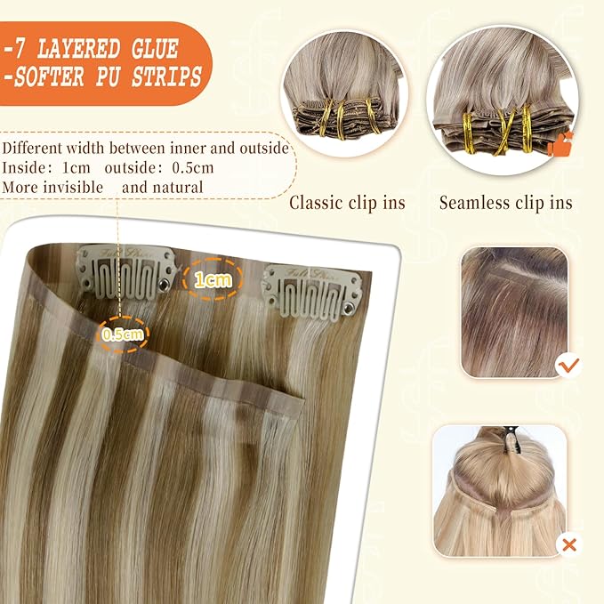 Full Shine Brown Blonde Highlighted Clip in Extensions Ash Brown Highlighted Platinum Blonde Seamless Clip in Highlighted Extensions Clip in 20 Inch 120 G 8 PCS