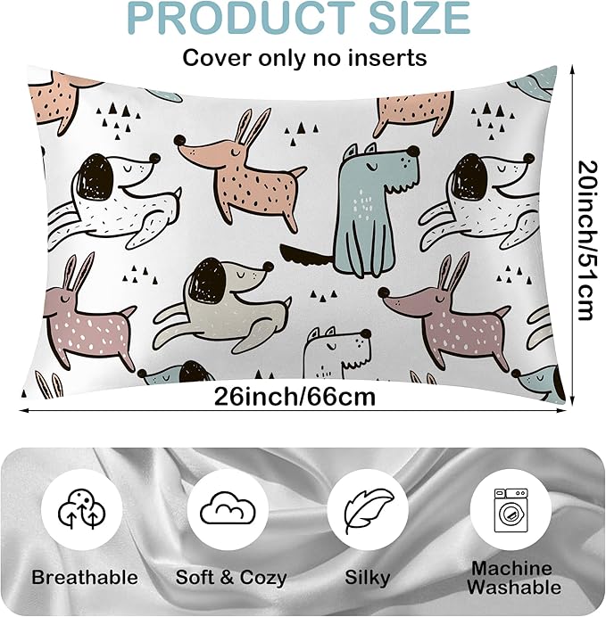 Satin Pillowcase 1 Pack-Cute Dogs Dog Silky Pillow Cover for Hair and Skin,Standard Size 20x26 Inch Soft Cooling Printed Pillow Cases with Hidden Zipper,Gifts for Women Men