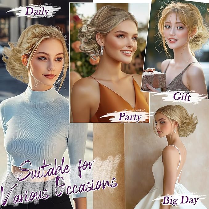 BARSDAR Ombre Blonde Drawstring Ponytail Extensions - 10 Inch Short Wavy Drawstring Comb Clip in Pony Tails Hairpieces for Women - Synthetic Short Wavy Blonde Ombre Ponytail Hair Extensions