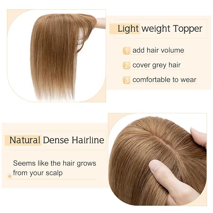 SEGO Hair Toppers for Women Real Human Hair With Bangs, 7 * 13CM Silk Base 100% Remy Human Hair Clip in Top Wiglet Hairpieces Add Volume -12 Inch Light Brown