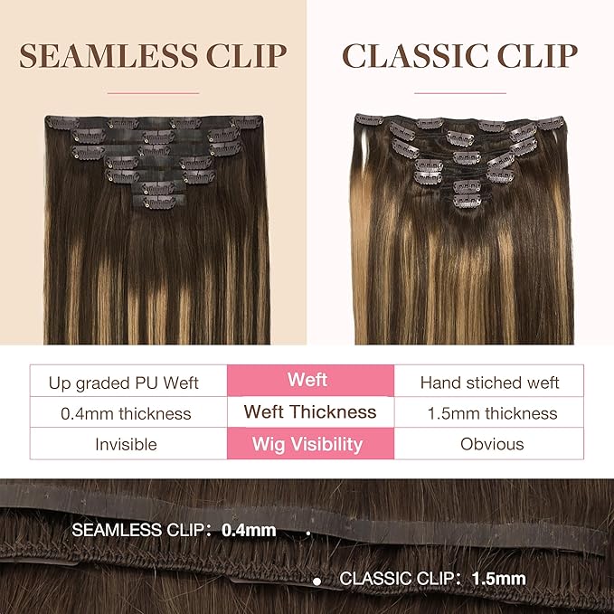 GOO GOO Clip in Hair Extensions Real Human Hair, Remy Human Hair Extensions Clip ins for Women, Natural Human Hair, 22inch 150g 7Pcs, 4/27/4 Balayage Chocolate Brown to Caramel Blonde