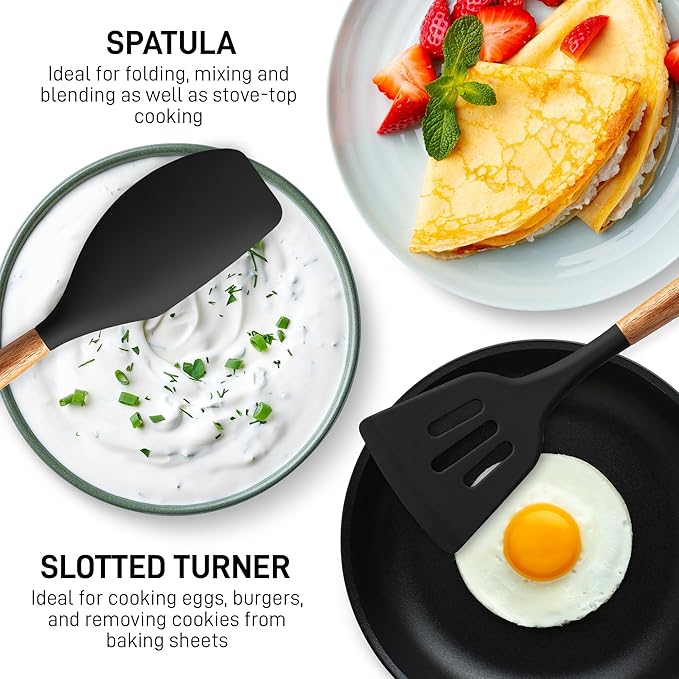 Zulay Kitchen Non-Stick Cooking Utensils Set with Authentic Acacia Wood Handles – 5-Piece Durable & Stylish Silicone Kitchen Utensils Set – Heat Resistant to 464°F – Black