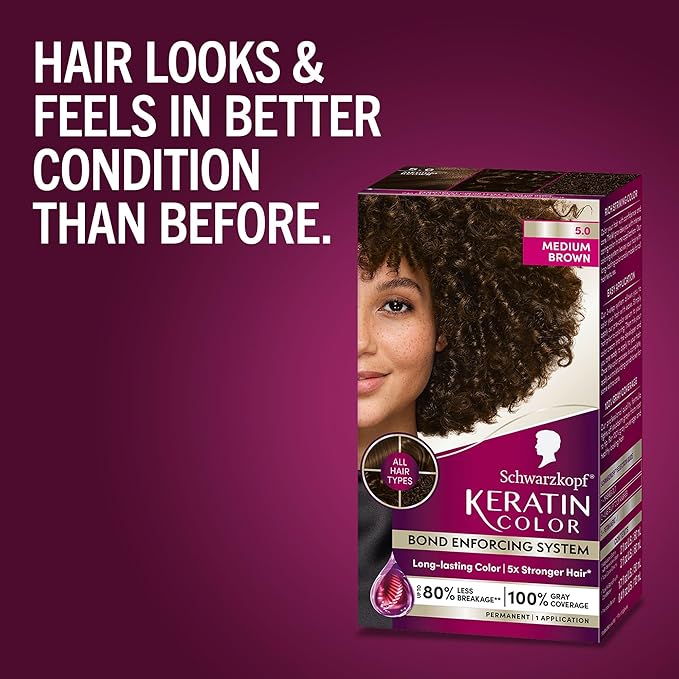 Schwarzkopf Keratin Permanent Hair Dye Cream, 5.0 Medium Brown, Professional Quality Color for Up to 100% Gray Coverage, Bond Enforcing System