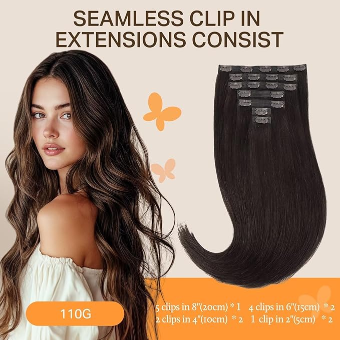 DOORES Human Hair Extensions Clip in, Dark Brown 80g 7pcs 12 Inch, Thick Clip in Hair Extensions Remy Natural for Women Gift