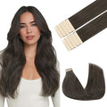 GOO GOO Tape in Hair Extensions Human Hair, 1C Mocha Brown, 16inch 25g 10pcs, Skin Weft Seamless Invisible, Silky Straight with Thick Ends, Remy Human Hair