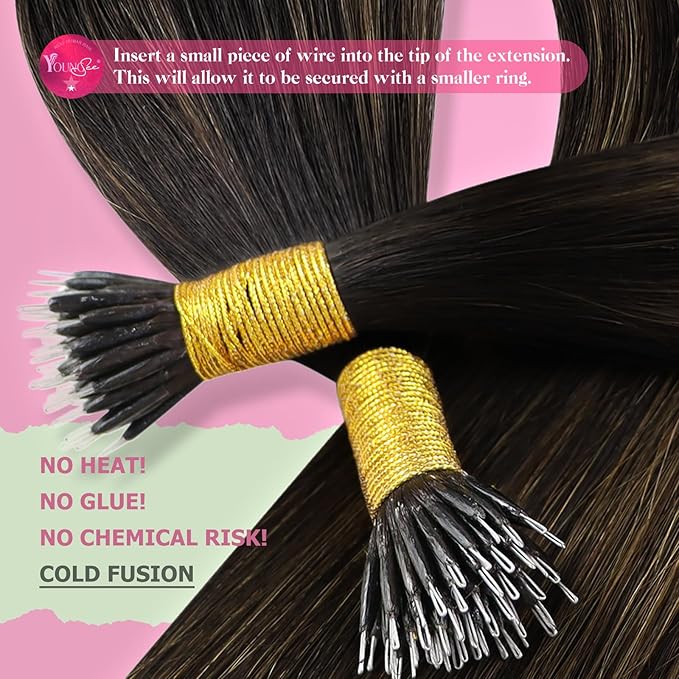 YoungSee Nano Hair Extensions Human Hair Dark Brown Mix Medium Brown 22in Nano Ring Hair Extensions Real Human Hair Balayage 50g Nano-Beads Extension Ombre Cold Fusion Natural Looking Hair Extension