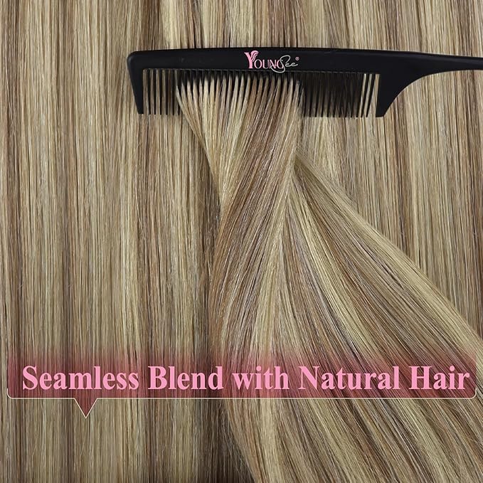 YoungSee Human Hair Tape in Extensions Highlights 20 Inch Tape Hair Extensions Real Human Hair Brown to Blonde Seamless Tape-in Natural Hair Extension Straight 20pcs 50g