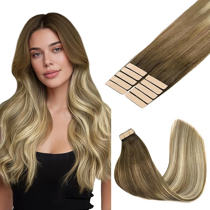 GOO GOO Tape in Hair Extensions Human Hair, 3/8/613 Balayage Walnut Brown to Ash Brown and Bleach Blonde, 18inch 25g 10pcs, Skin Weft Seamless Invisible, Silky Straight with Thick Ends