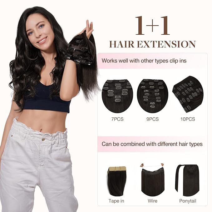 GOO GOO Clip in Hair Extensions Real Human Hair, Remy Human Hair Extensions Clip ins for Women, Natural Human Hair, 16inch 65g 4Pcs, 2 Dark Brown