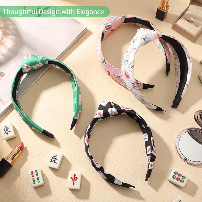Norme 4 Pcs Mahjong Headbands Mahjong Tiles Knotted Headbands Trendy Wide Mah Jong Knotted Hairbands Colorful Fabric Non Slip Fashion Top Hair Accessories Mah Jong Gifts for Women Girls, 4 Styles