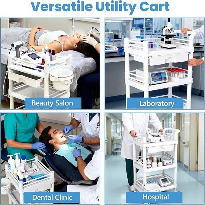 Mobile Medical Trolley 3 Tier Rolling Utility Cart with Dirt Bucket & Drawer, Beauty Salon Cart for Spa Tattoo Waxing, Esthetician Carts for Salon Hospital Dental Clinic Home, Postpartum Cart