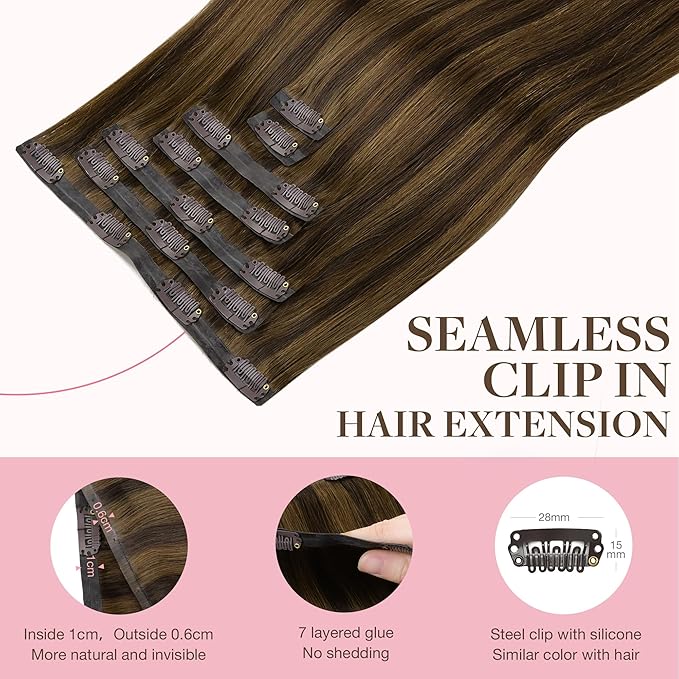 GOO GOO Clip in Hair Extensions Real Human Hair, Remy Human Hair Extensions Clip ins for Women, Natural Human Hair, 24inch 120g 7Pcs, 2C/4E/6C Brown Sugar Swirl Highlights