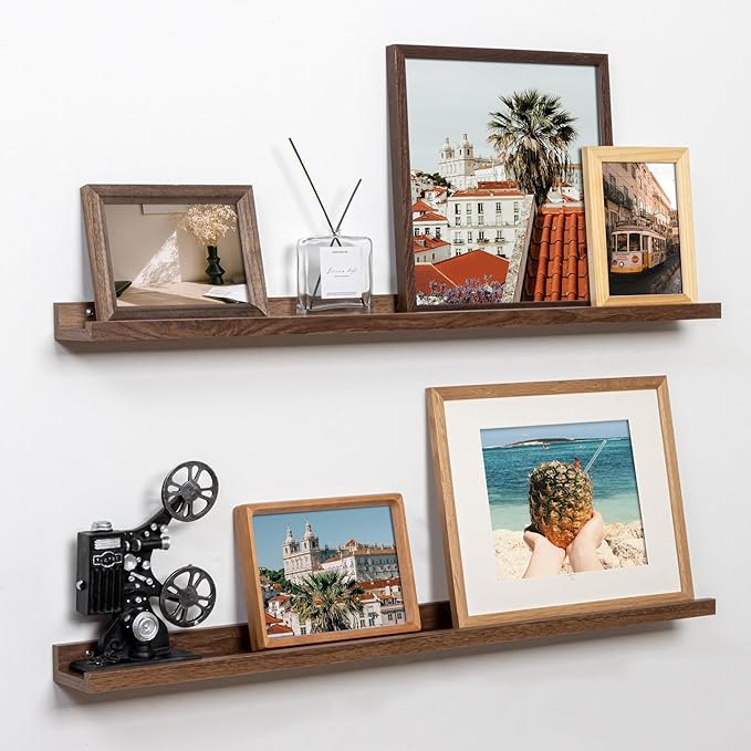 Fun Memories Picture Ledge Shelf, 36 Inch Floating Shelves Set of 2, Nursery Book Shelves for Toys Storage, Kids Bookshelf Wall Mounted for Wall Decor Books Photo Frames, Walnut