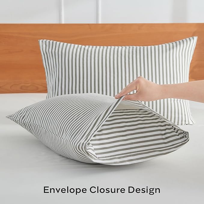 JELLYMONI 100% Natural Cotton Striped Standard Pillowcases Set, 2 Pack White and Grey Vertical Stripes Pattern Printed Pillow Covers with Envelope Closure(Pillows are not Included)