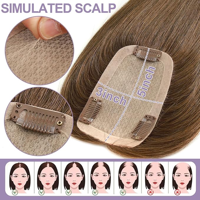 3x5 Inch Injected Silk Base Hair Toppers for Women, 16 Inch Length 130% Density Real Human Hair Pieces #2A Brown