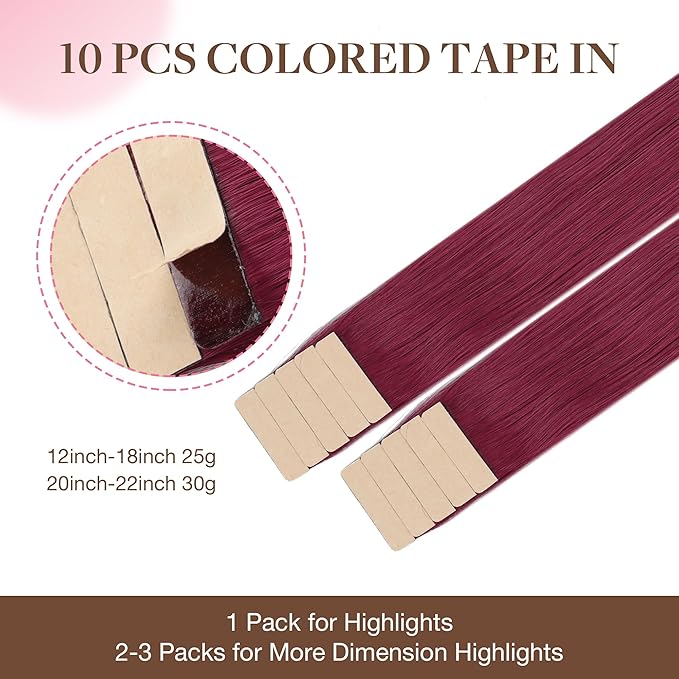 GOO GOO Tape in Hair Extensions Human Hair, Burgundy Red, 20inch 30g 10pcs, Colored Tape ins Human Hair Extensions, Silky&Soft Invisible Tape Ins, Hair Highlighted for Party