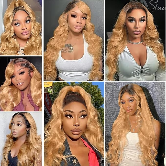 Honey Blonde Lace Front Wigs Human Hair 13x6 Ombre HD Transparent Lace Frontal Wig 12A Body Wave 1B/27 Highlight Lace Front Wigs Glueless Human Hair Wigs for Women Pre Plucked with Baby Hair