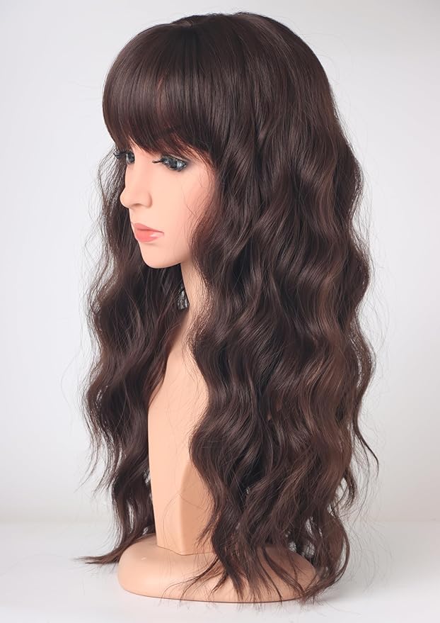 Medium Long Brown Wavy Wigs For Women Synthetic Full Hair Wigs With Bangs For Daily Use (brown)