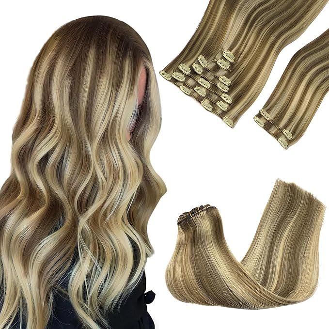 GOO GOO Clip in Hair Extensions Real Human Hair, Remy Human Hair Extensions Clip ins for Women, Natural Human Hair, 20inch 150g 9Pcs, 8A/22 Medium Brown Highlighted Golden Blonde