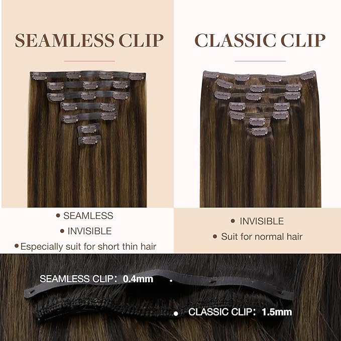 GOO GOO Clip in Hair Extensions Real Human Hair, Remy Human Hair Extensions Clip ins for Women, Natural Human Hair, 16inch 110g 7Pcs, 2C/4E/6C Brown Sugar Swirl Highlights