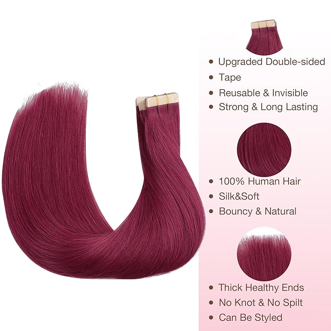GOO GOO Tape in Hair Extensions Human Hair, Burgundy Red, 22inch 30g 10pcs, Colored Tape ins Human Hair Extensions, Silky&Soft Invisible Tape Ins, Hair Highlighted for Party