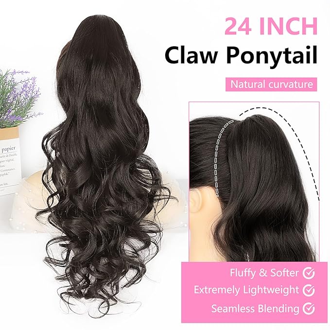ALXNAN Ponytail Extension,24 Inch Claw Clip in Long Curly Wavy Black Brown Ponytail Hair Extension Jaw Clip on Pony Tails Hairpiece for Women