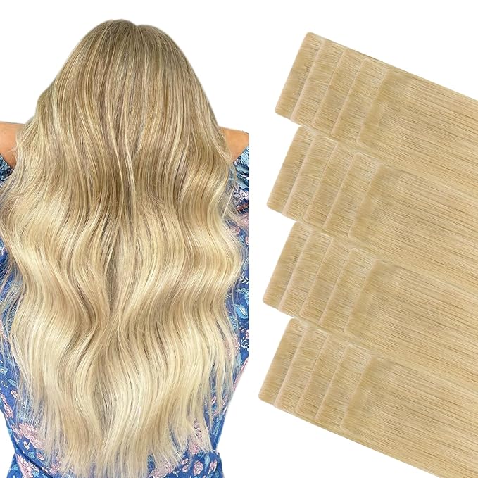 GOO GOO Invisi Edge Tape in Hair Extensions Human Hair, 18AT60A Pearl Ash Blonde Highlights 20pcs 10inch 30g, Virgin Remy Hair, Seamless Injected Tape, Natural Look