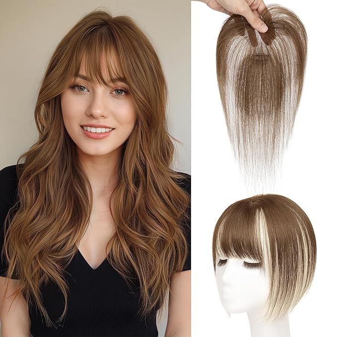 Benehair Clip in Bangs 100% Real Human Hair Extensions 360° Cover Clip on 3D Wispy Bangs for Women Topper Hairpieces for Women Medium Brown