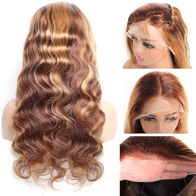 13x4 Highlight Ombre Lace Front Wig Human Hair Pre Plucked 4/27 Honey Blonde HD Glueless Colored Lace Frontal Wigs For Women with Baby Hair 200% Density Body Wave Lace Front Wig (28 Inch)
