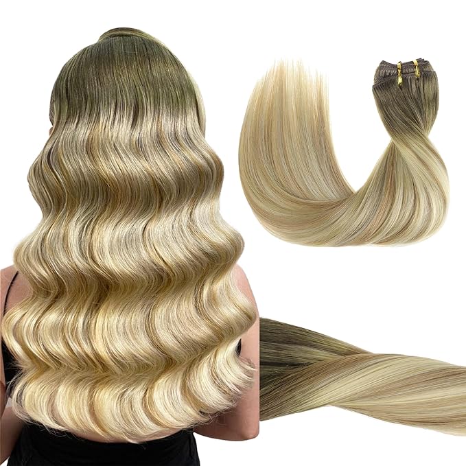 GOO GOO Clip in Hair Extensions Real Human Hair, Remy Human Hair Extensions Clip ins for Women, Natural Human Hair, 18inch 120g 7Pcs, 5A/90/16F Bahamian Balayage