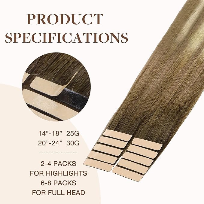 GOO GOO Tape in Hair Extensions Human Hair, 3/8/613 Balayage Walnut Brown to Ash Brown and Bleach Blonde, 18inch 25g 10pcs, Skin Weft Seamless Invisible, Silky Straight with Thick Ends