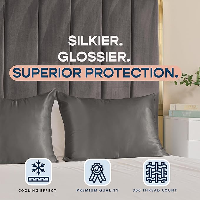 BLISSFORD Satin Pillowcase with Zipper, for Hair and Skin Care, Feels Soft and Cool Like a Silk Pillowcase, Satin Pillow Cases 2 Pack, Slik Pillow Cover, Dark Grey - Standard Size