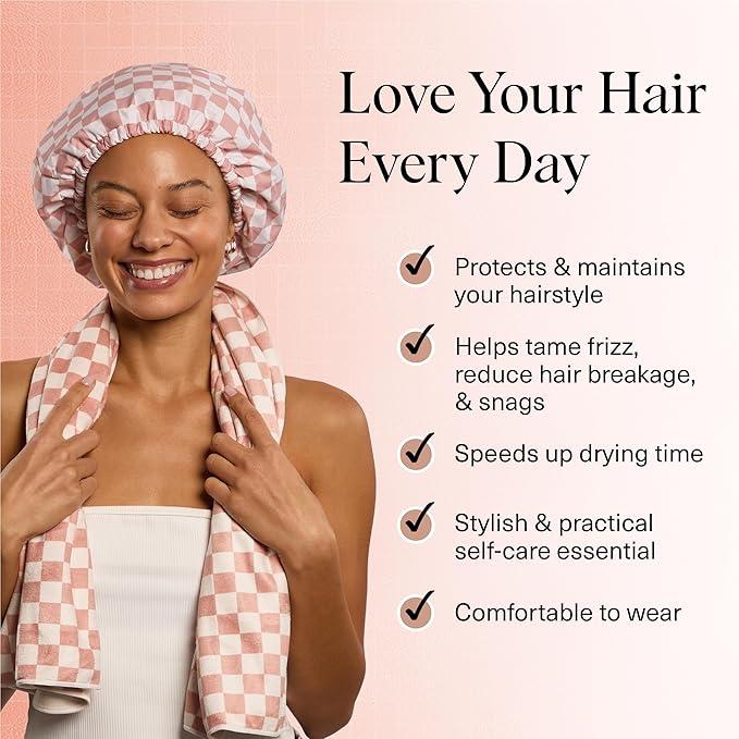 Kitsch Love & Comfort 2PC Spa Set - Satin Lined Reusable Waterproof Shower Cap and XL Quick Dry Hair Towel Wrap for Women, Microfiber Towel, Flexi Shower Cap For All Hair Types - Terracotta Checker