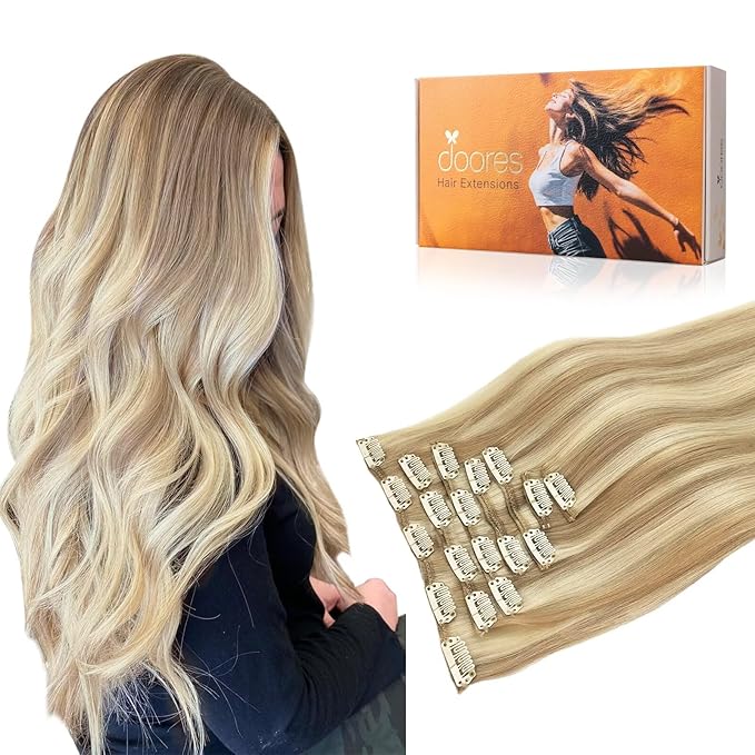 DOORES Hair Extensions Clip in Human Hair, Balayage Dark Blonde Highlighted Bleach Blonde 120g 7pcs 14 Inch, Remy Thick Real Human Hair Extensions Clip ins Natural Weft
