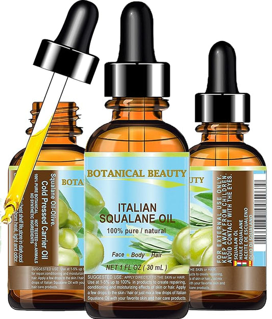 SQUALANE Italian Olive. 100% Pure Natural Undiluted Oil. 1 fl.oz- 30ml. 100% Ultra-Pure Moisturizer for Face, Skin, Body, Hair. Reliable 24/7 Skincare Protection