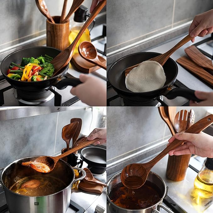 8 Pcs Teak Wooden Utensil Set with Holder, Spoon Rest & 6 Hooks - Durable Wooden Spoons for Cooking with Comfort Grip - Effortless Clean, Non-Stick Friendly