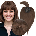 MY-LADY Human Hair Toppers for Women Real Human Hair with Bangs Thin 8.5 * 8.5CM Mono Base Clip in Remy Hairpieces Light Weight 12 Inch Chocolate Brown