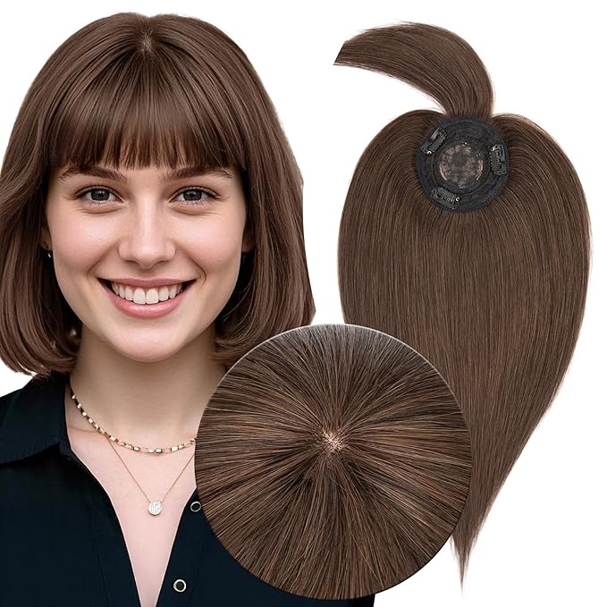 MY-LADY Human Hair Toppers for Women Real Human Hair with Bangs Thin 8.5 * 8.5CM Mono Base Straight Clip in Remy Hairpieces Light Weight 10 Inch Chocolate Brown