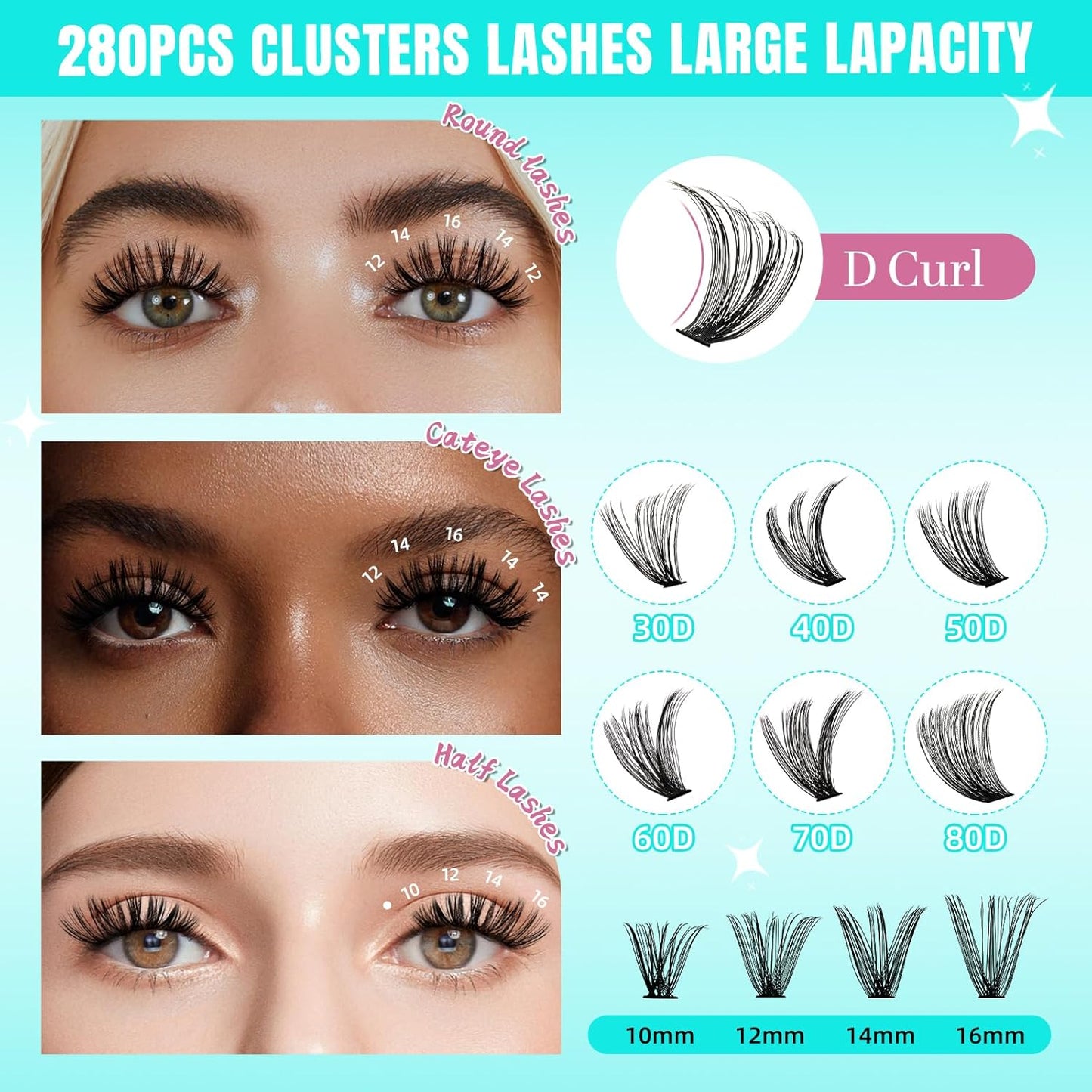 Lash Clusters Wispy 280PCS Eyelash Extension 40D Cluster Lashes Individual Lashes DIY Lash Extension Natural Look Cluster Eyelash Extensions Soft False Eyelashes at Home for Beginners(10mm)