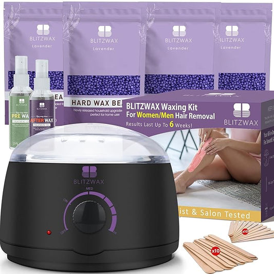 BLITZWAX Brazilian and Bikini Waxing Kit for Women, Hard Wax Warmer for Face, Legs, and Body, At Home Hair Removal Kit, Beginner Friendly, Quick Heating, 28 Accessories